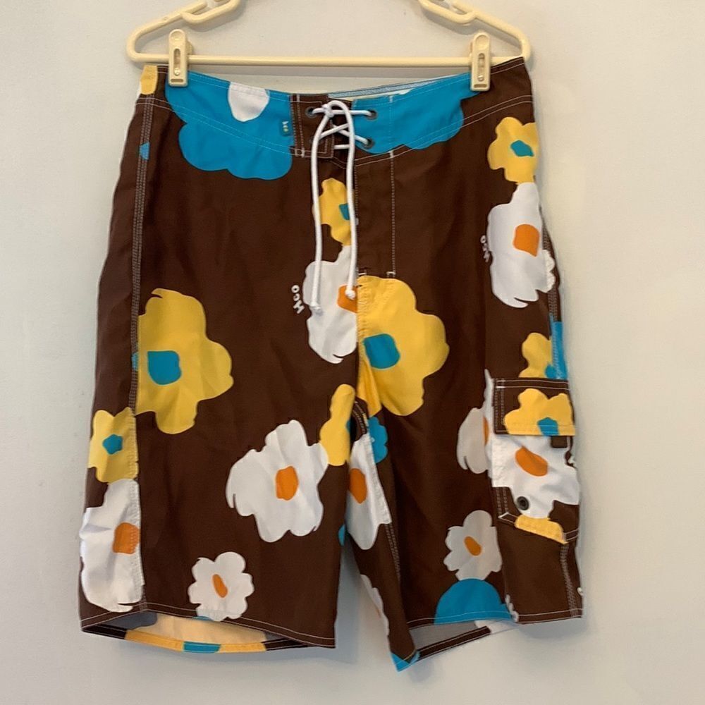 Hollister brown and blue floral swim trunks Size 30 Tie waist